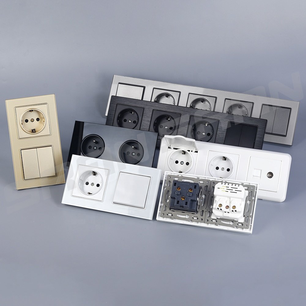Eu socket plug 230 220v glass black home wall power electrical sockets and switches eu