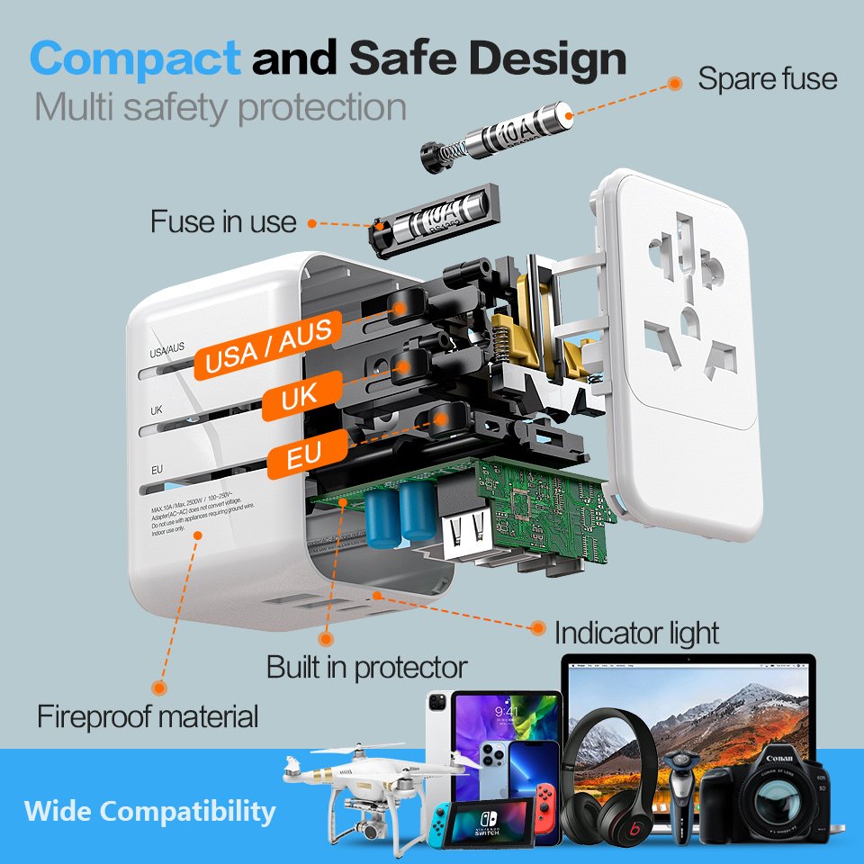 Worldplug CE/FCC International Plug Adaptor PD 30W Fast Wall Charger World Universal Travel Adapter with USB and Type-C