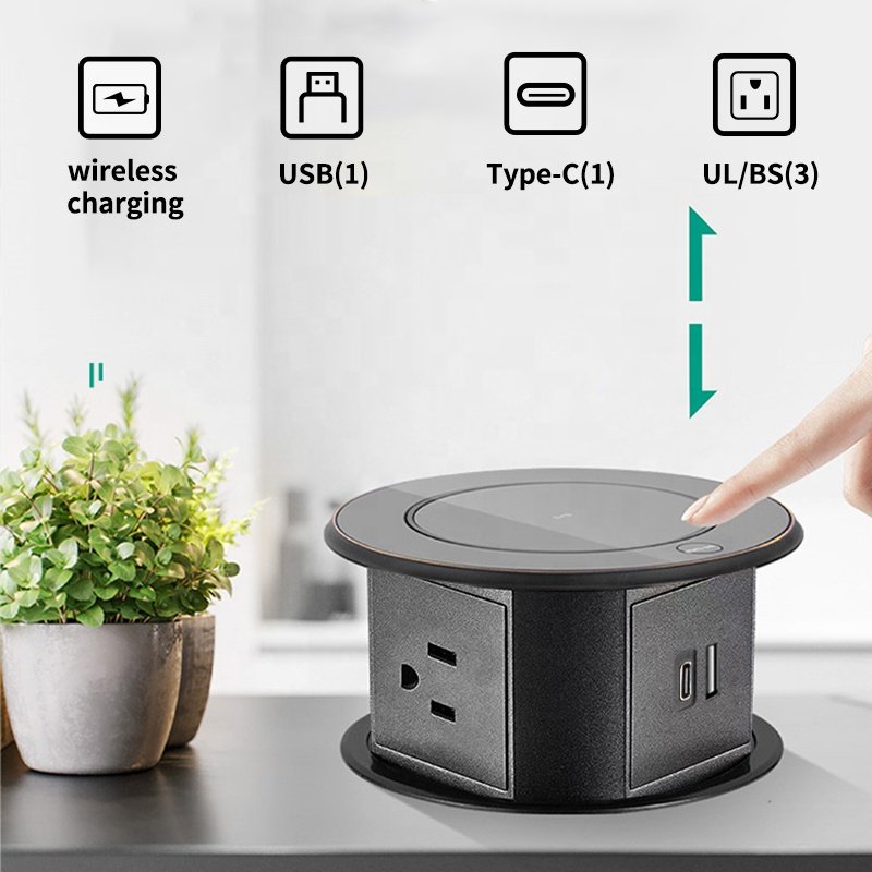 Honyar Customized Hidden Motorized Lifting Pop Up Desk Plug Socket for Kitchen Countertop Pull Up Socket Tower