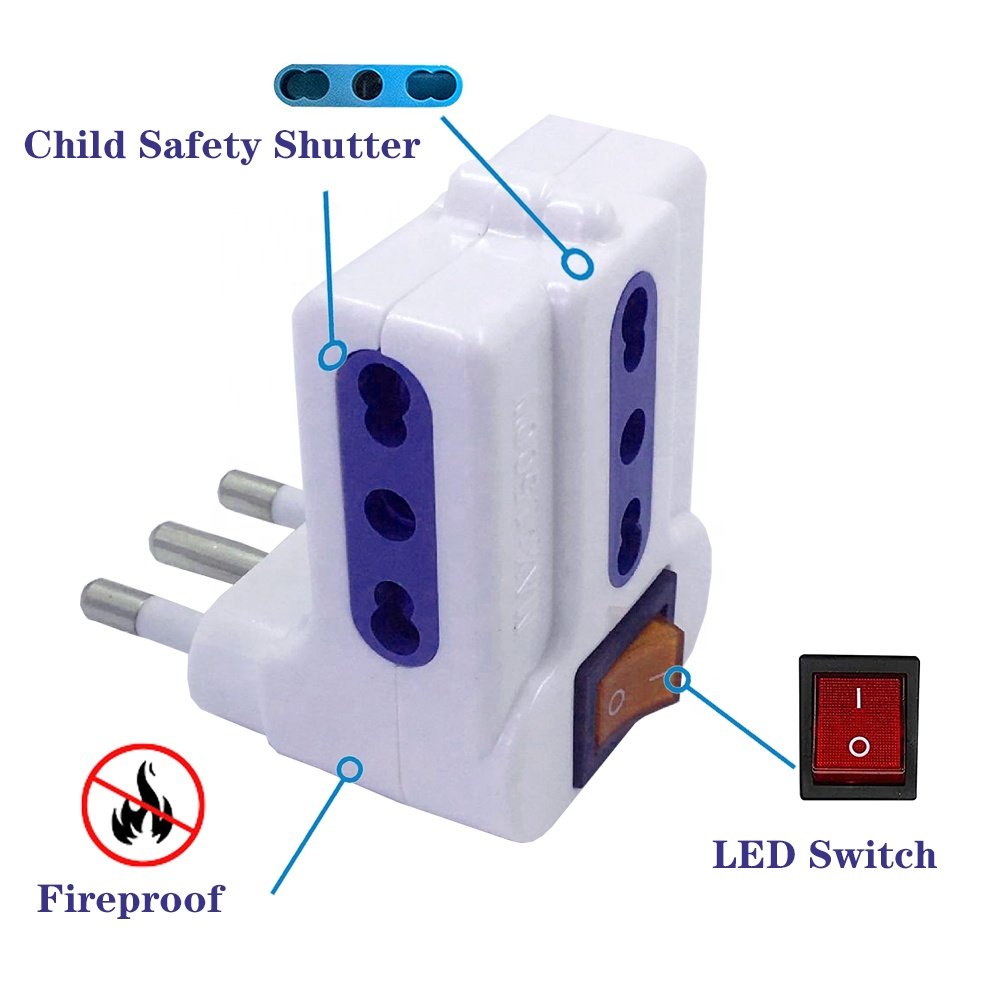 Multi-Socket Adapter with Switch, Italian 1 Schuko 10 / 16A socket, Italian plug 10A