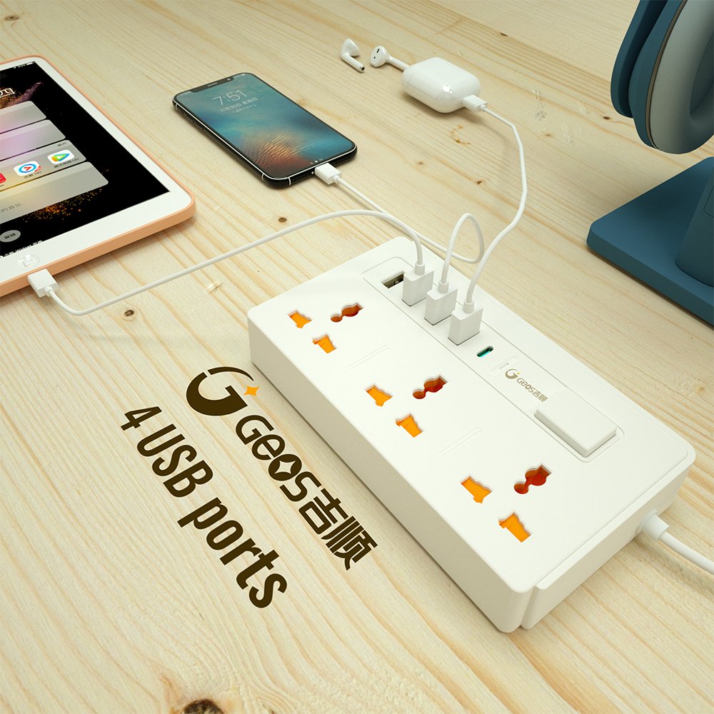 Multi 3 Pin Extension Plug 18W Qc Port 20W Type-C Port 3 Usb-A Port Socket Universal Extension Board With Individual Switches