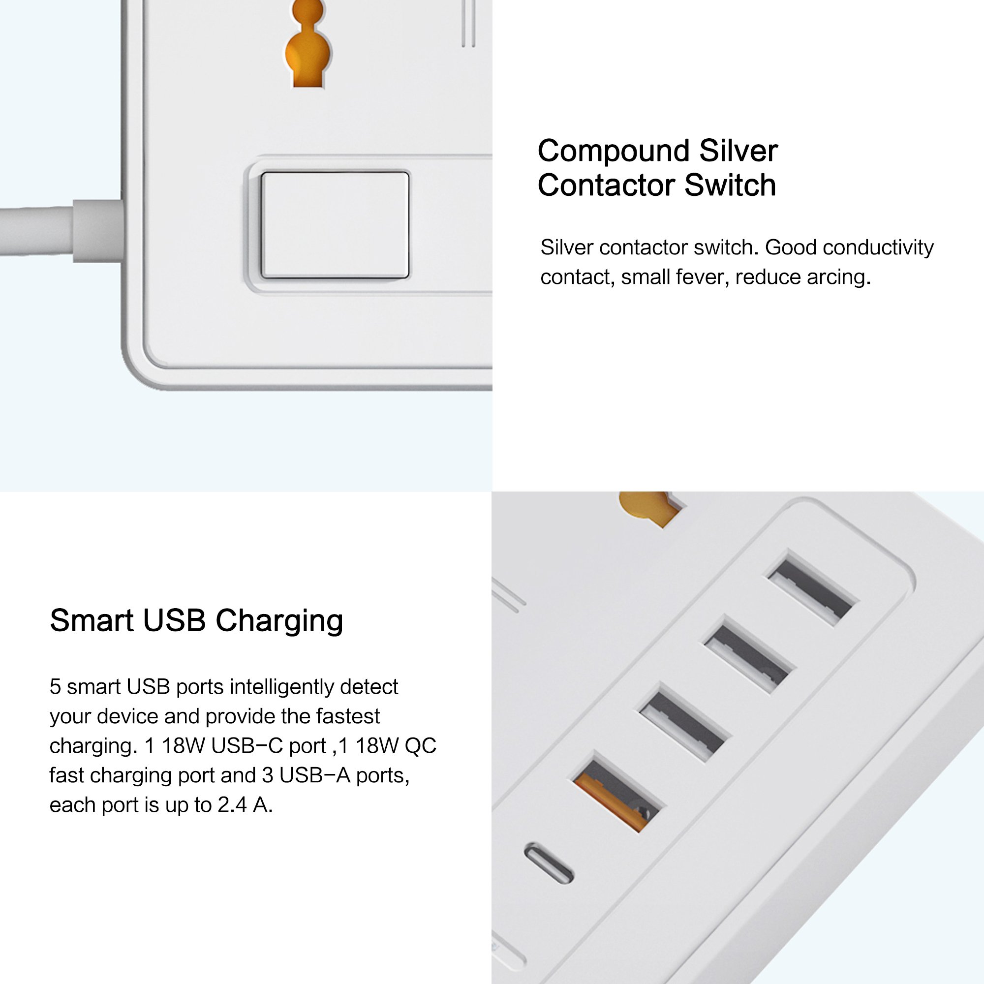 Multi 3 Pin Extension Plug 18W Qc Port 20W Type-C Port 3 Usb-A Port Socket Universal Extension Board With Individual Switches