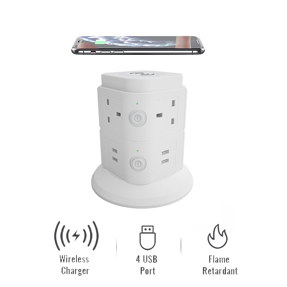 Multi Layers Power Board Tower British Plug Anti-Thunder Vertical Towers Extension Lead With Switch And Wireless Charging
