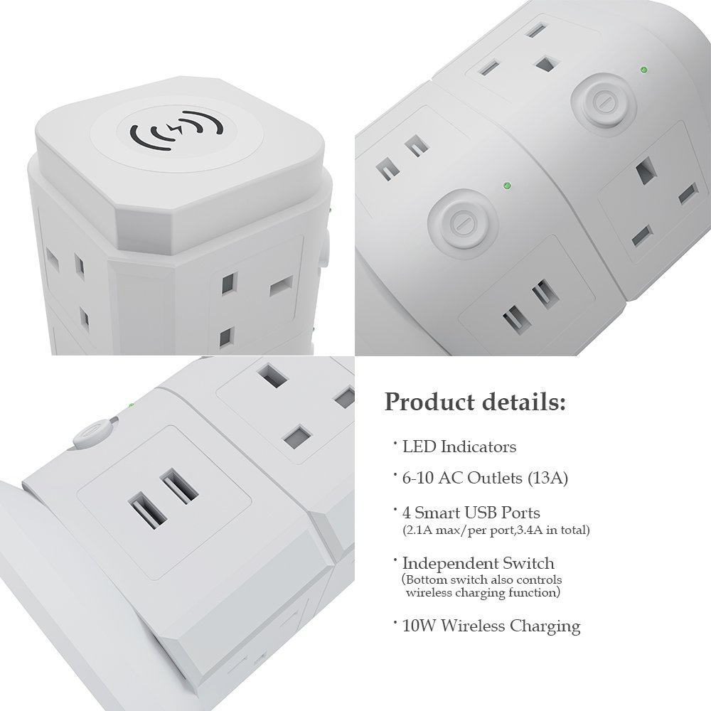 Multi Layers Power Board Tower British Plug Anti-Thunder Vertical Towers Extension Lead With Switch And Wireless Charging