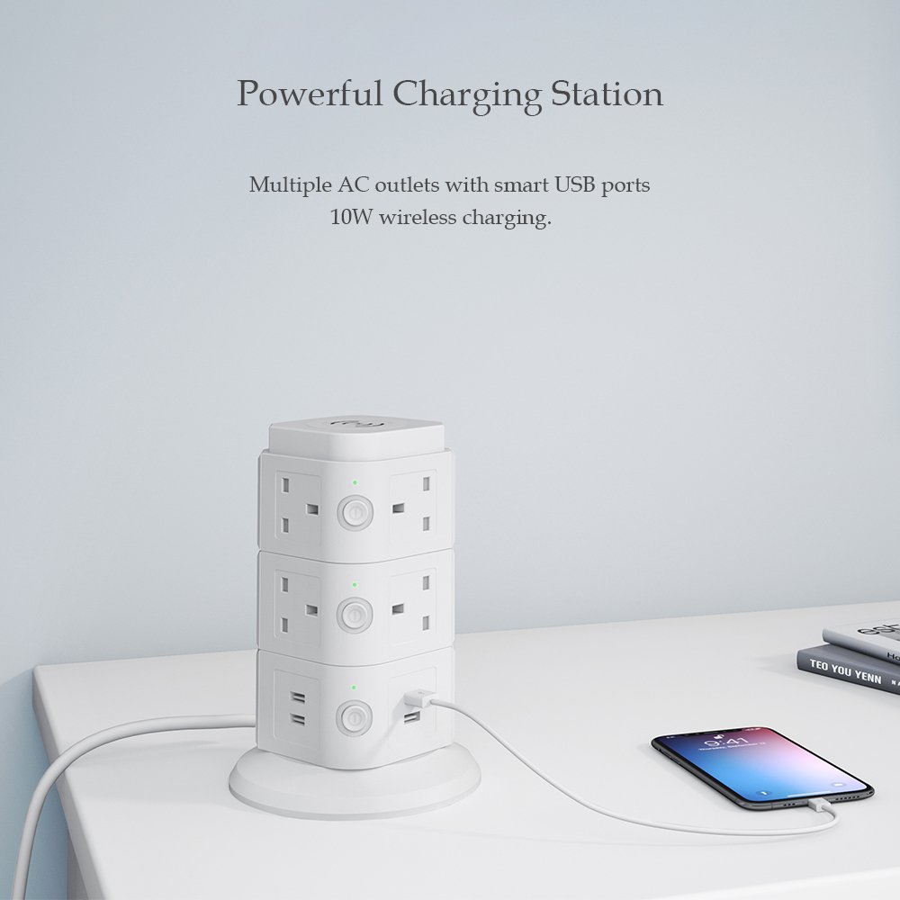 Multi Layers Power Board Tower British Plug Anti-Thunder Vertical Towers Extension Lead With Switch And Wireless Charging