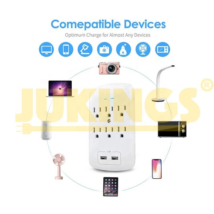 W150502 ETL Approved Wall Charger Surge Protector Multi Outlet Wall-Mount Adapter With 6 Outlets 2 USB Charging Ports 2.4A 300J