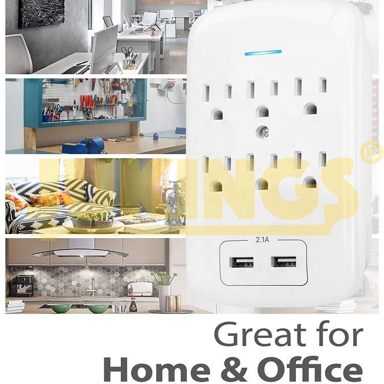 W150502 ETL Approved Wall Charger Surge Protector Multi Outlet Wall-Mount Adapter With 6 Outlets 2 USB Charging Ports 2.4A 300J