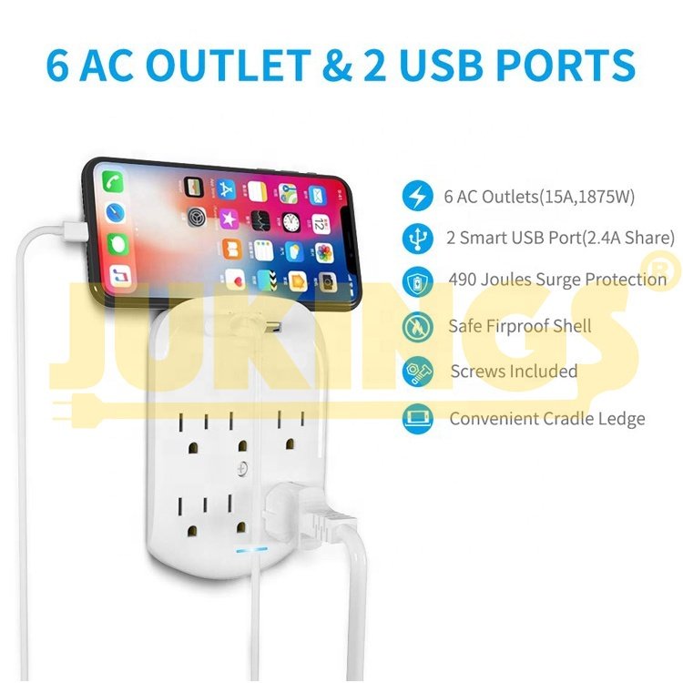 W150502 ETL Approved Wall Charger Surge Protector Multi Outlet Wall-Mount Adapter With 6 Outlets 2 USB Charging Ports 2.4A 300J