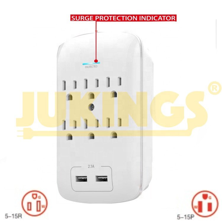 W150502 ETL Approved Wall Charger Surge Protector Multi Outlet Wall-Mount Adapter With 6 Outlets 2 USB Charging Ports 2.4A 300J