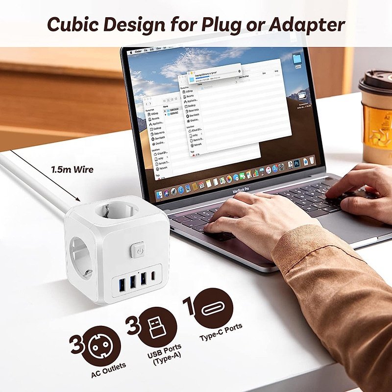 Factory EU Plug Wall Socket Extender with 3 AC Outlets +3 USB Ports+ 1Type C 5V 2.4A Adapter 7-in-1 Plug Socket On/Off Switch
