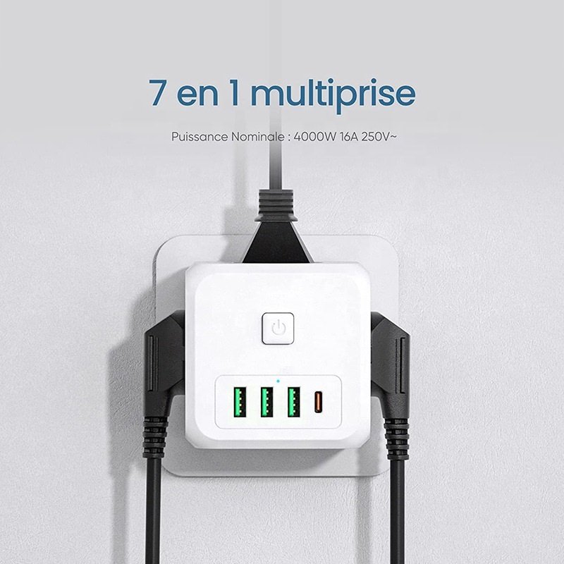 Factory EU Plug Wall Socket Extender with 3 AC Outlets +3 USB Ports+ 1Type C 5V 2.4A Adapter 7-in-1 Plug Socket On/Off Switch