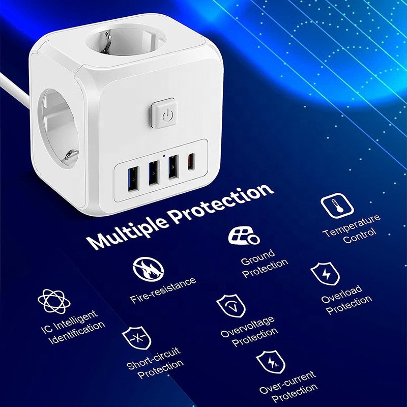 Factory EU Plug Wall Socket Extender with 3 AC Outlets +3 USB Ports+ 1Type C 5V 2.4A Adapter 7-in-1 Plug Socket On/Off Switch
