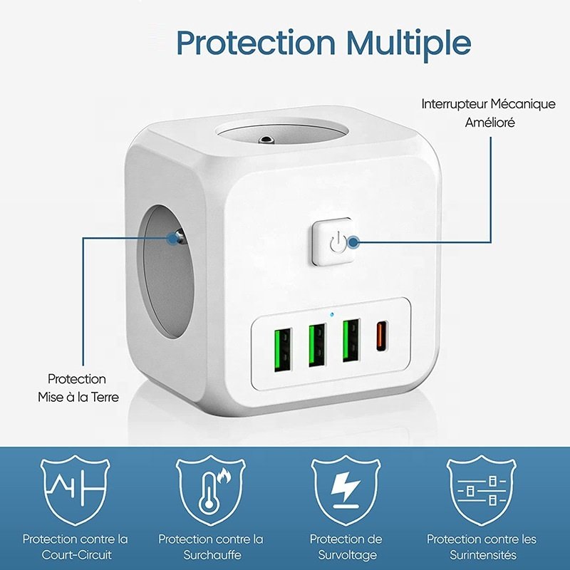 Factory EU Plug Wall Socket Extender with 3 AC Outlets +3 USB Ports+ 1Type C 5V 2.4A Adapter 7-in-1 Plug Socket On/Off Switch