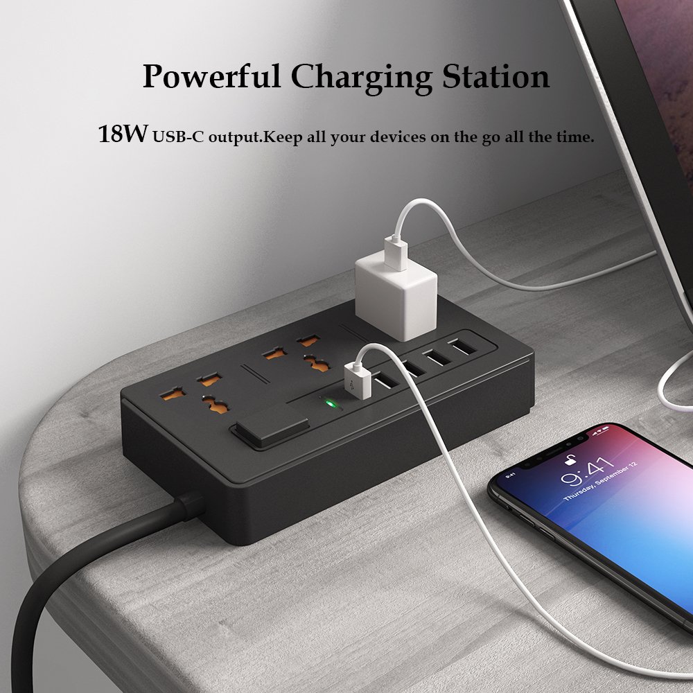 Universal Standard Fuse Plug 3 Pin AC Outlets Extension Socket Child Safety Shutter Power Strip With 20W USBC Fast Charging Port