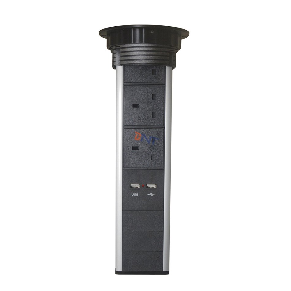 Aluminum Retractable UK plug Pop Up 3 Power Plug Socket 2 USB Outlet Kitchen Island Pop-up Socket