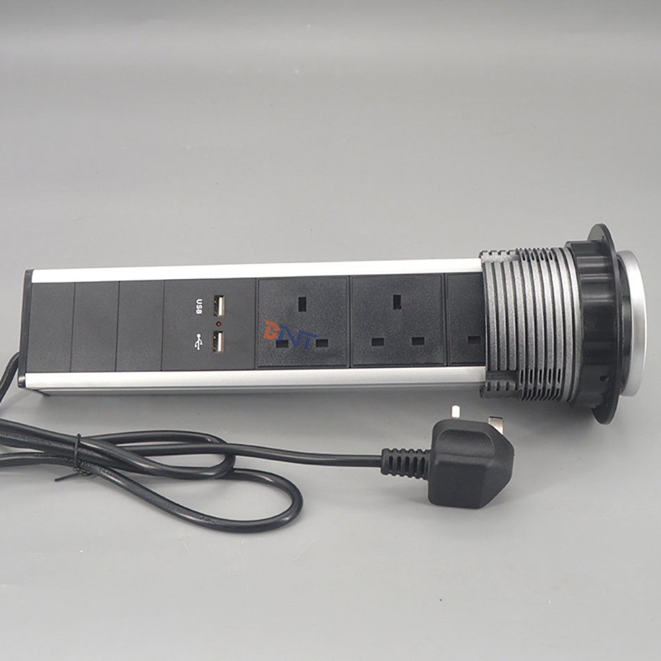 Aluminum Retractable UK plug Pop Up 3 Power Plug Socket 2 USB Outlet Kitchen Island Pop-up Socket