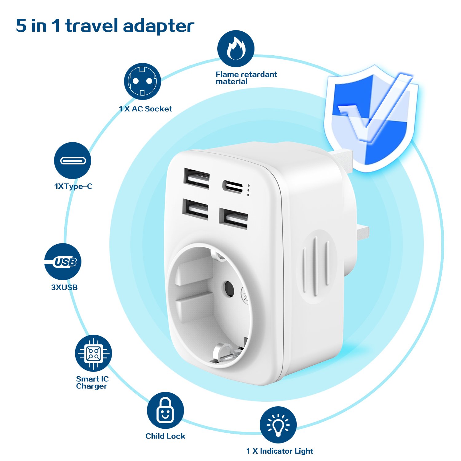 Leishen 5V/3.4A Factory Price EU to UK Plug Adapter 3 Pin to 2 Pin Travel Adapter with 3 USB A + 1 Type C for EU UK Counties