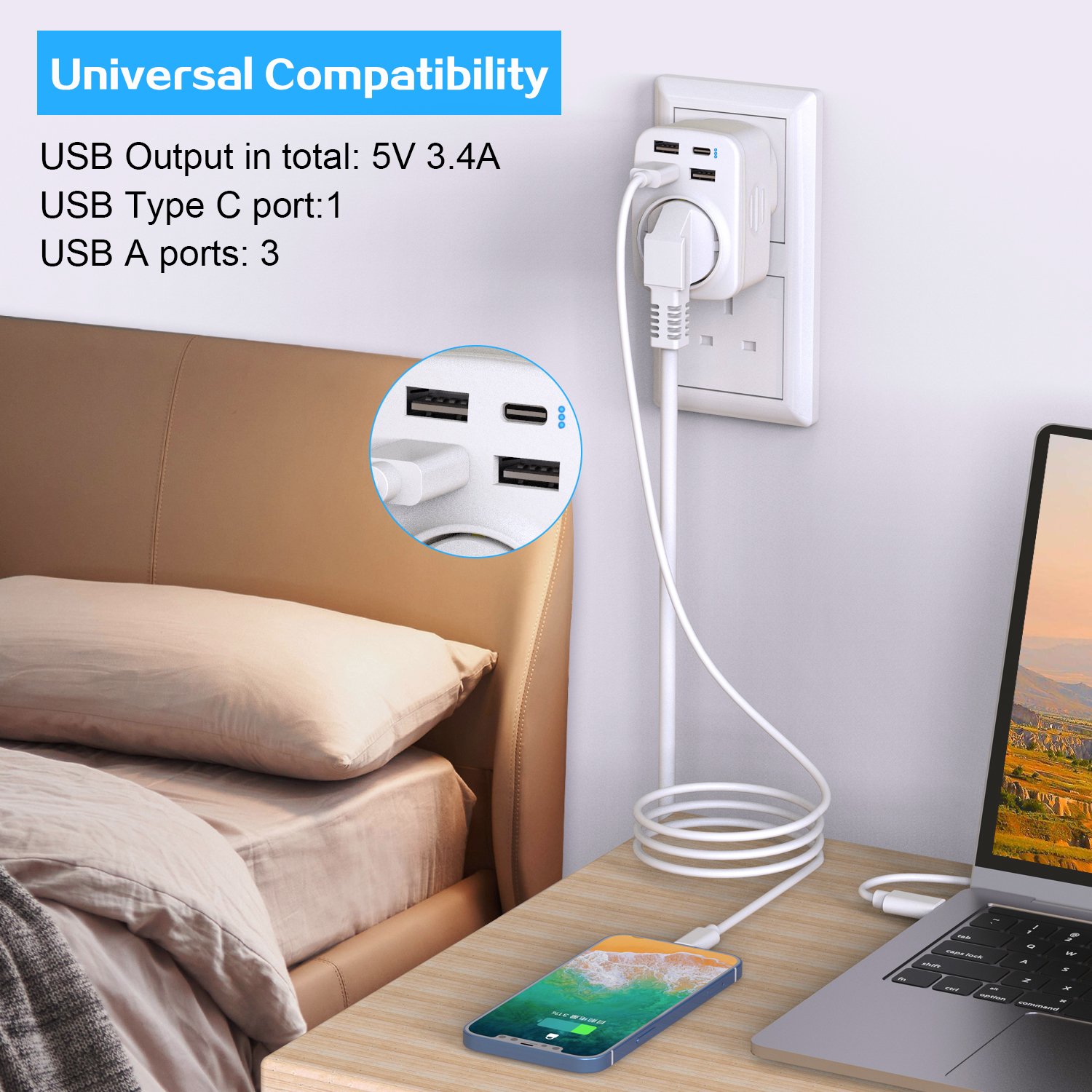 Leishen 5V/3.4A Factory Price EU to UK Plug Adapter 3 Pin to 2 Pin Travel Adapter with 3 USB A + 1 Type C for EU UK Counties