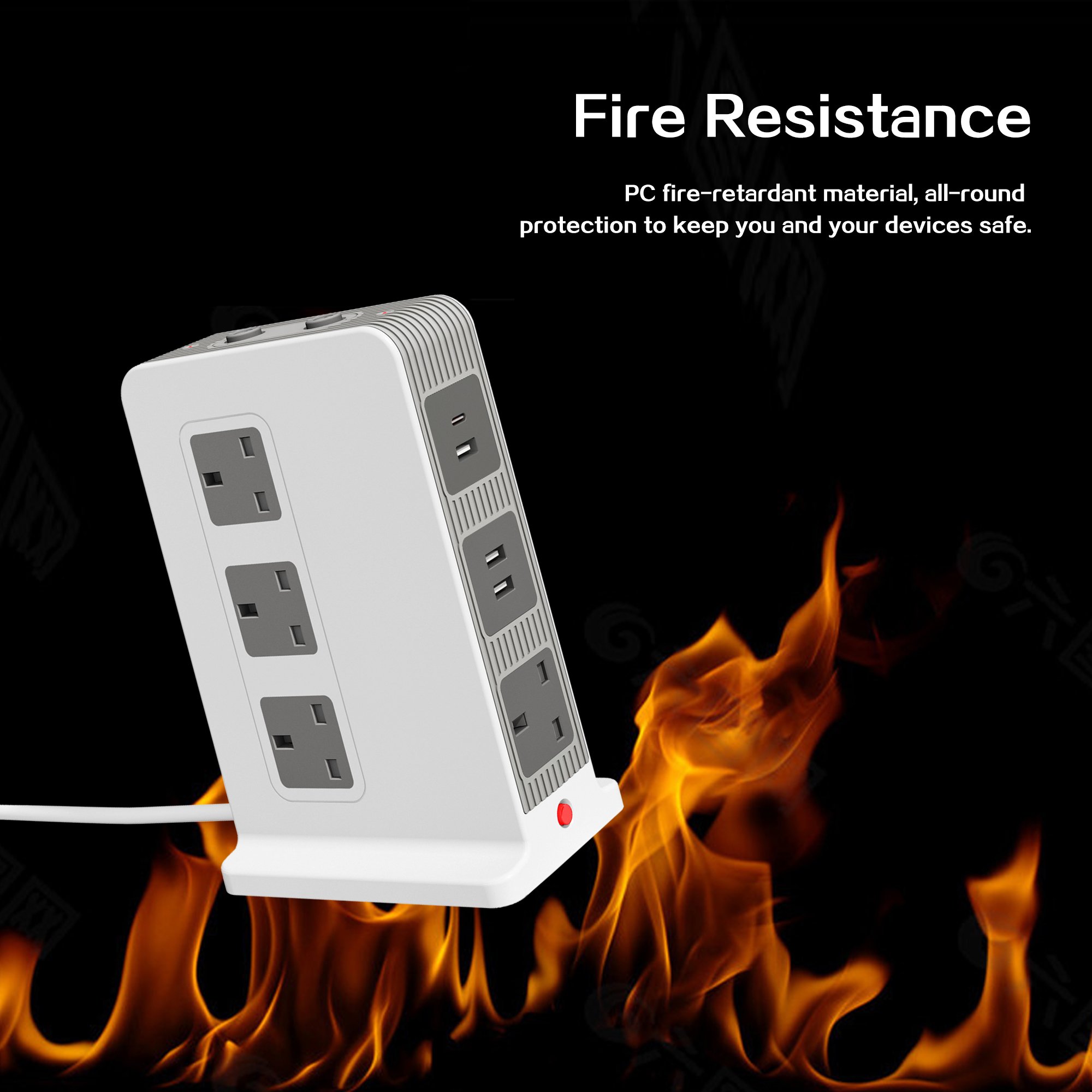 10 Way Extension Uk Plug Lead 2M White Extension Cable Usb C Power Strips Tower Thin Vertical Electric Plug Sockets With Switch