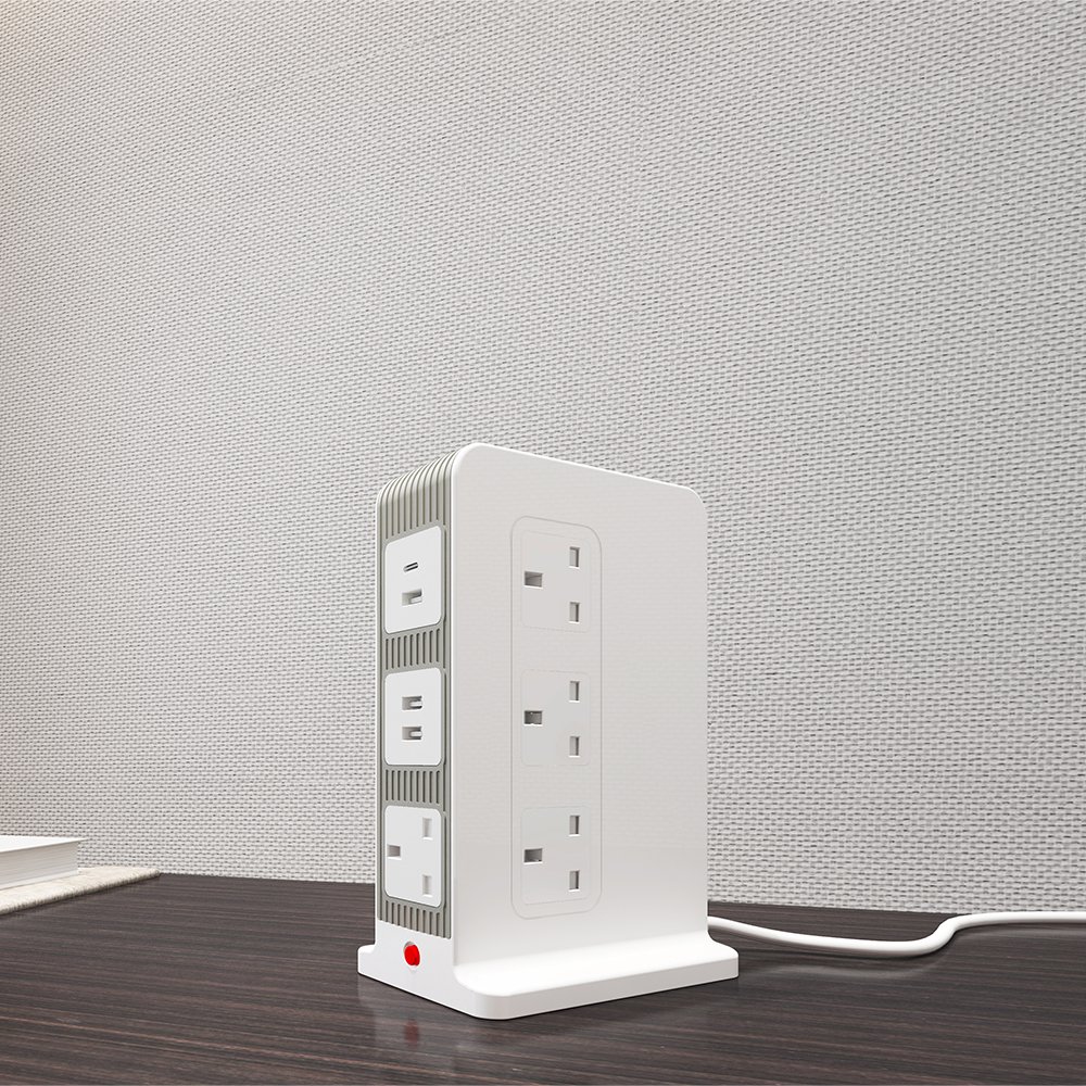 10 Way Extension Uk Plug Lead 2M White Extension Cable Usb C Power Strips Tower Thin Vertical Electric Plug Sockets With Switch