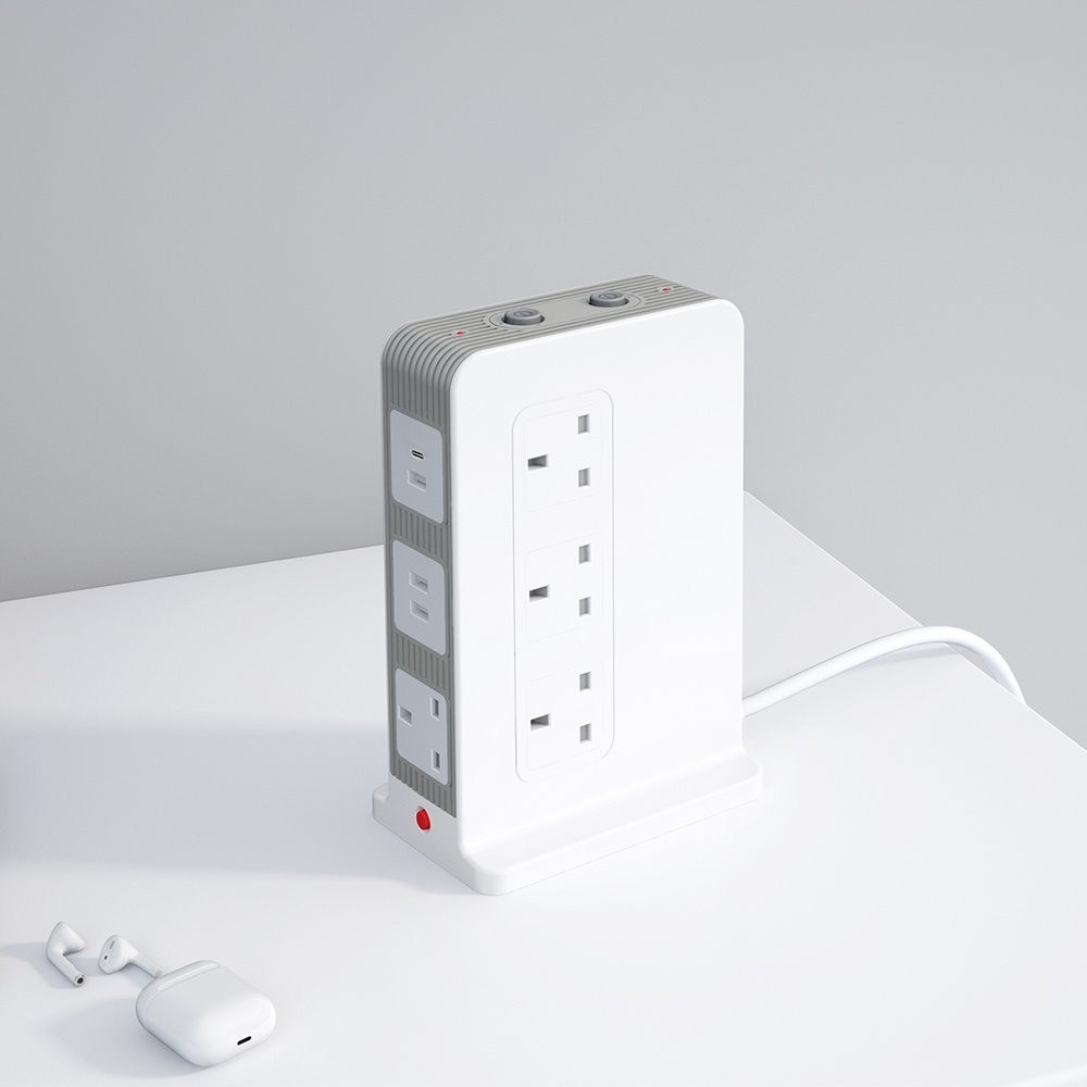10 Way Extension Uk Plug Lead 2M White Extension Cable Usb C Power Strips Tower Thin Vertical Electric Plug Sockets With Switch