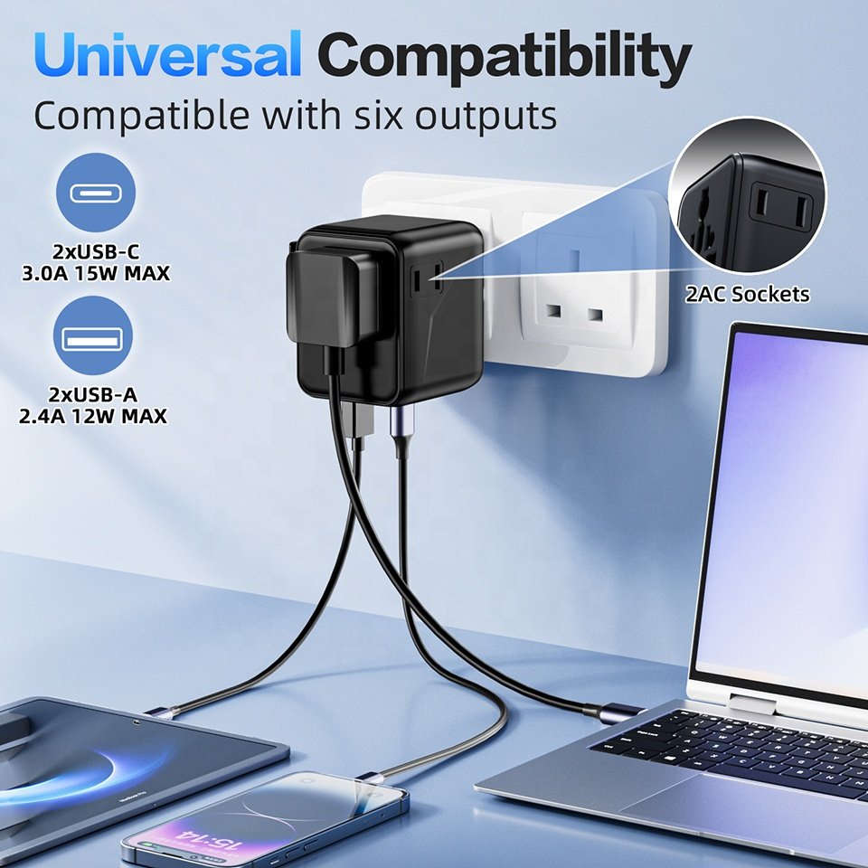 Worldplug 2AC Socket Travel Adaptor International Worldwide Universal Travel Plug Adapter Charger with Dual USB and Type C