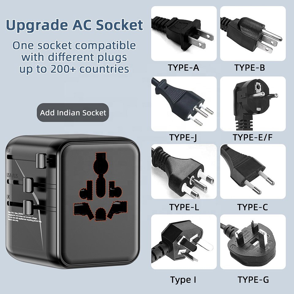 Worldplug 2AC Socket Travel Adaptor International Worldwide Universal Travel Plug Adapter Charger with Dual USB and Type C