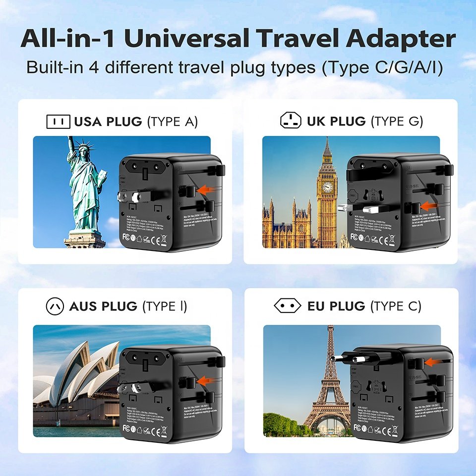 Worldplug 2AC Socket Travel Adaptor International Worldwide Universal Travel Plug Adapter Charger with Dual USB and Type C