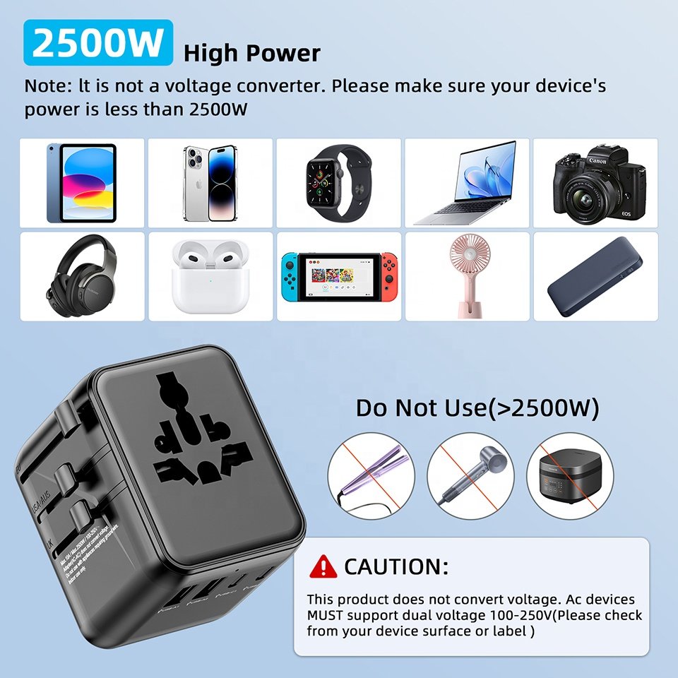 Worldplug 2AC Socket Travel Adaptor International Worldwide Universal Travel Plug Adapter Charger with Dual USB and Type C