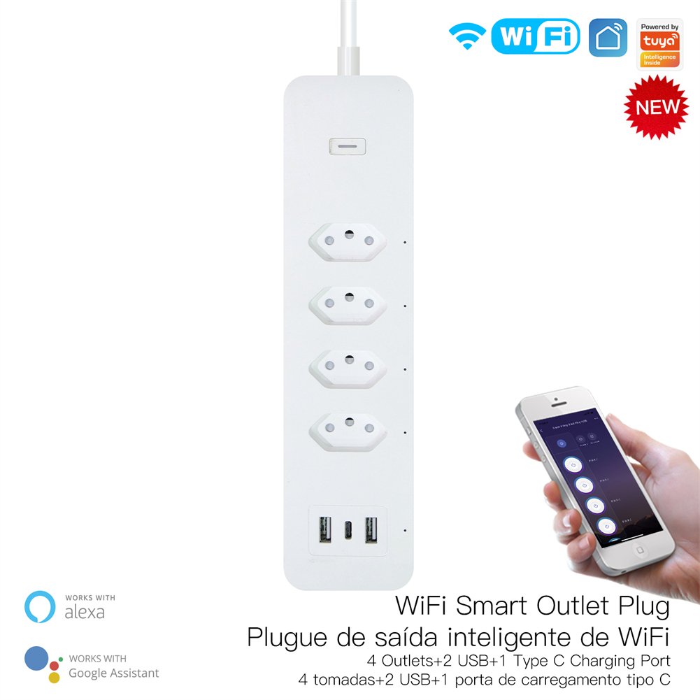WiFi Smart home Power Strip Surge Protector 4 Brazil Plug Outlets Electric Socket 2 USB Type C Tuya Smart App Remote control