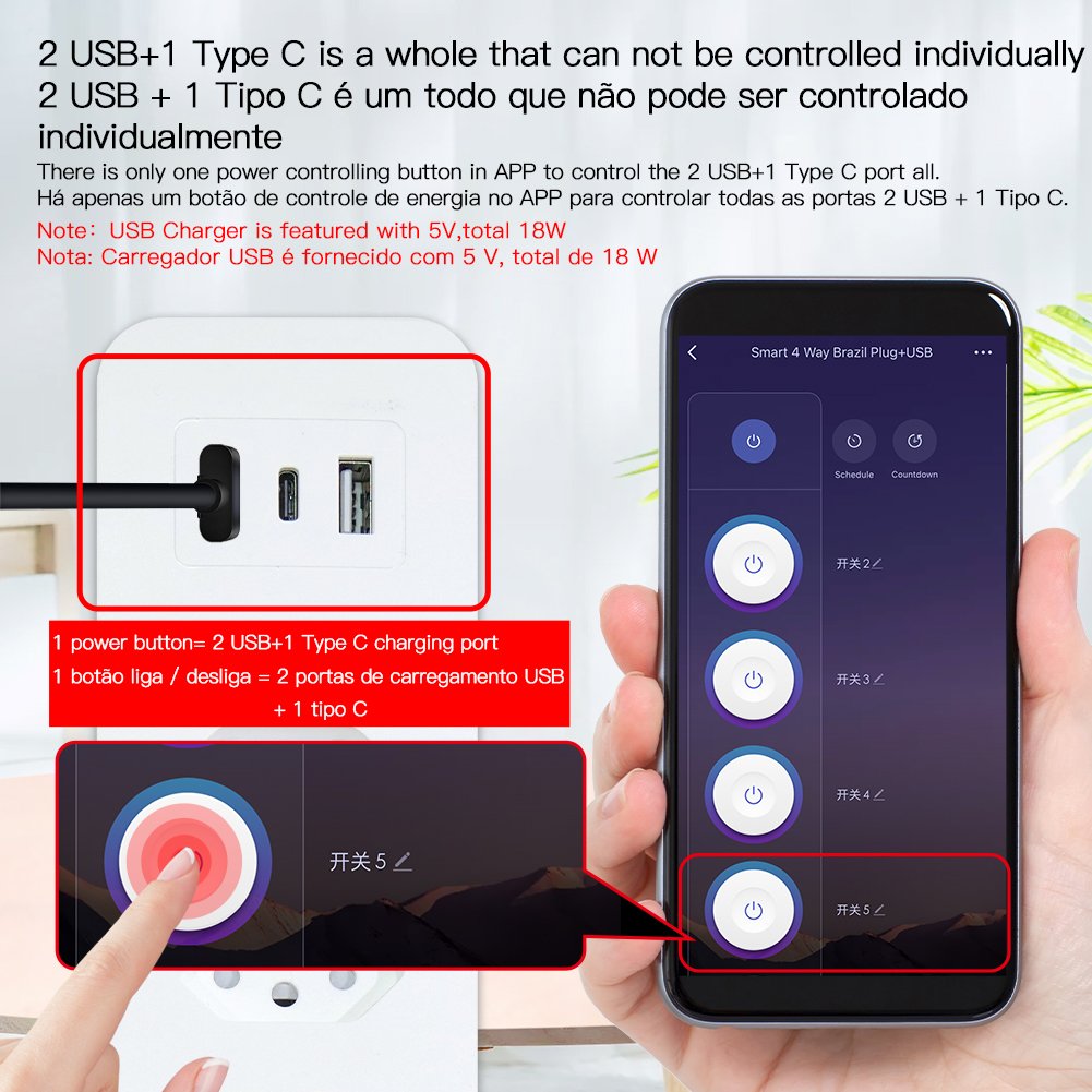 WiFi Smart home Power Strip Surge Protector 4 Brazil Plug Outlets Electric Socket 2 USB Type C Tuya Smart App Remote control