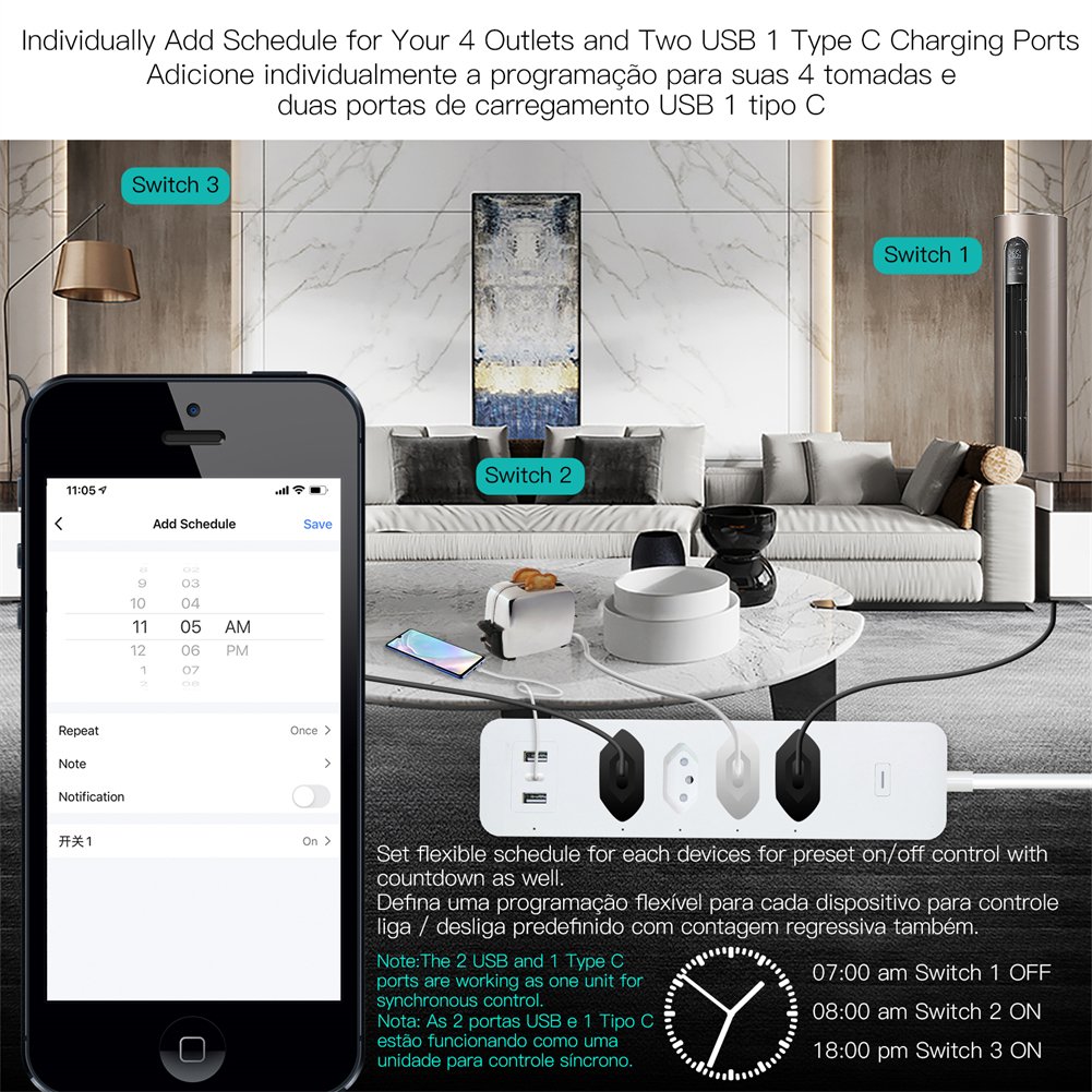WiFi Smart home Power Strip Surge Protector 4 Brazil Plug Outlets Electric Socket 2 USB Type C Tuya Smart App Remote control