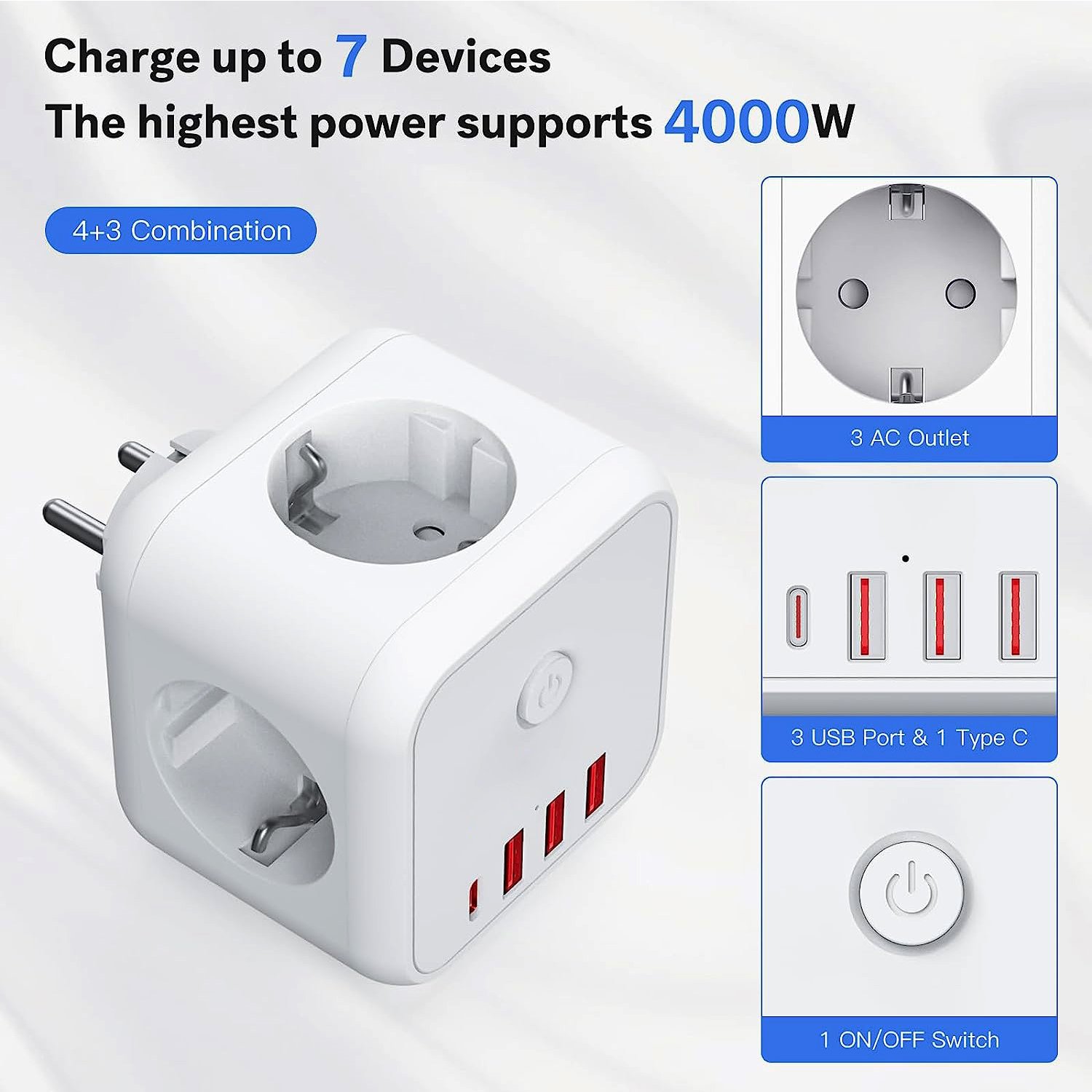 Portable Cube Plug white With 3 Way Sockets,1 Type C and 3 USB For German-French plug Converter