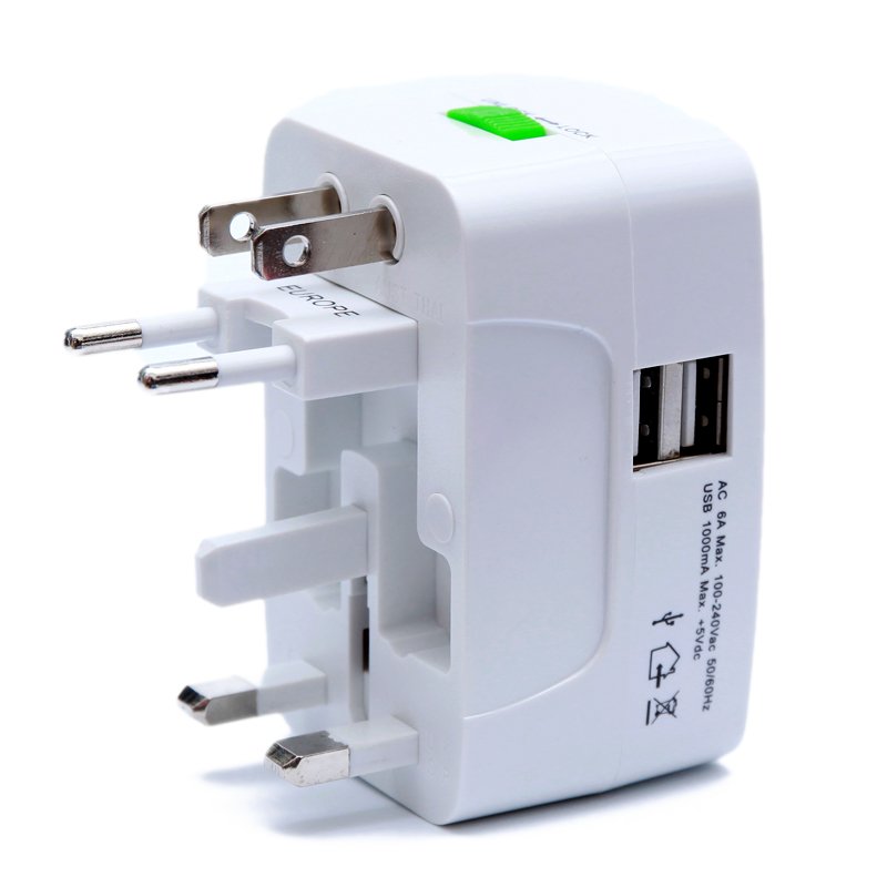 Global International All-in-One Travel Adapter Dual USB Charging Port for US EU UK Australia Universal Wall AC Power Plug