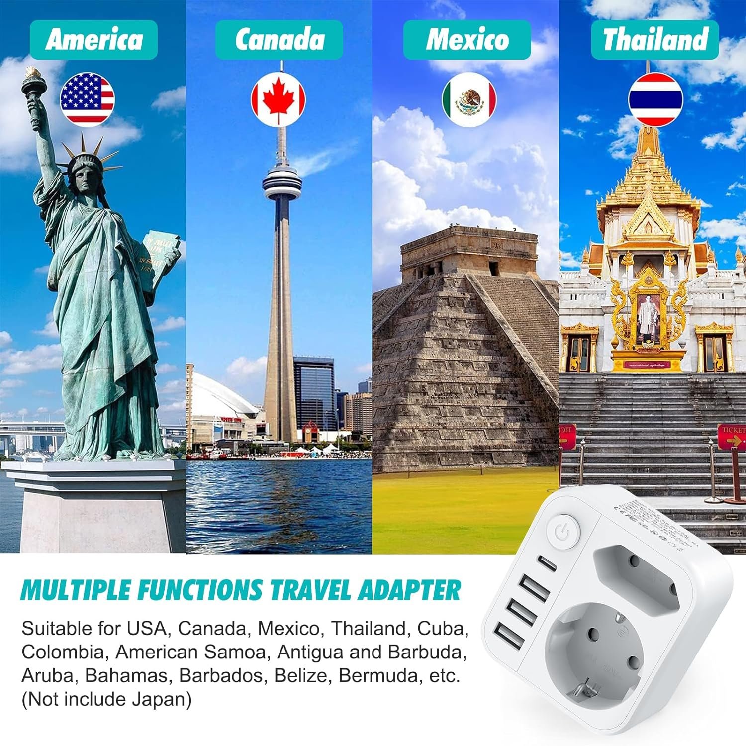 Smart USB C Plug 7 in 1 Germany To USA Travel Adapter Plug Adapter,ABS global adapter plug For America Canada Thailand Germany
