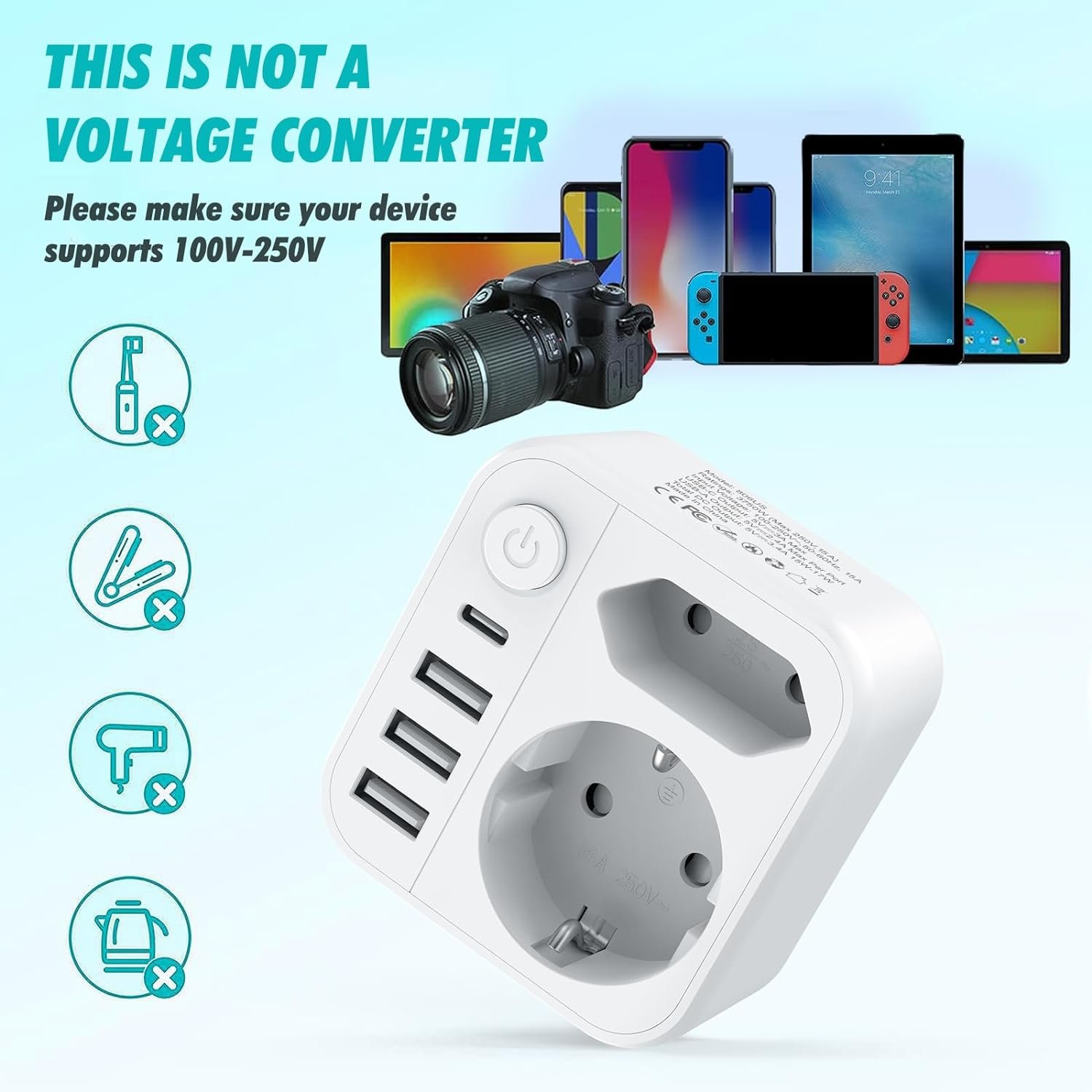 Smart USB C Plug 7 in 1 Germany To USA Travel Adapter Plug Adapter,ABS global adapter plug For America Canada Thailand Germany