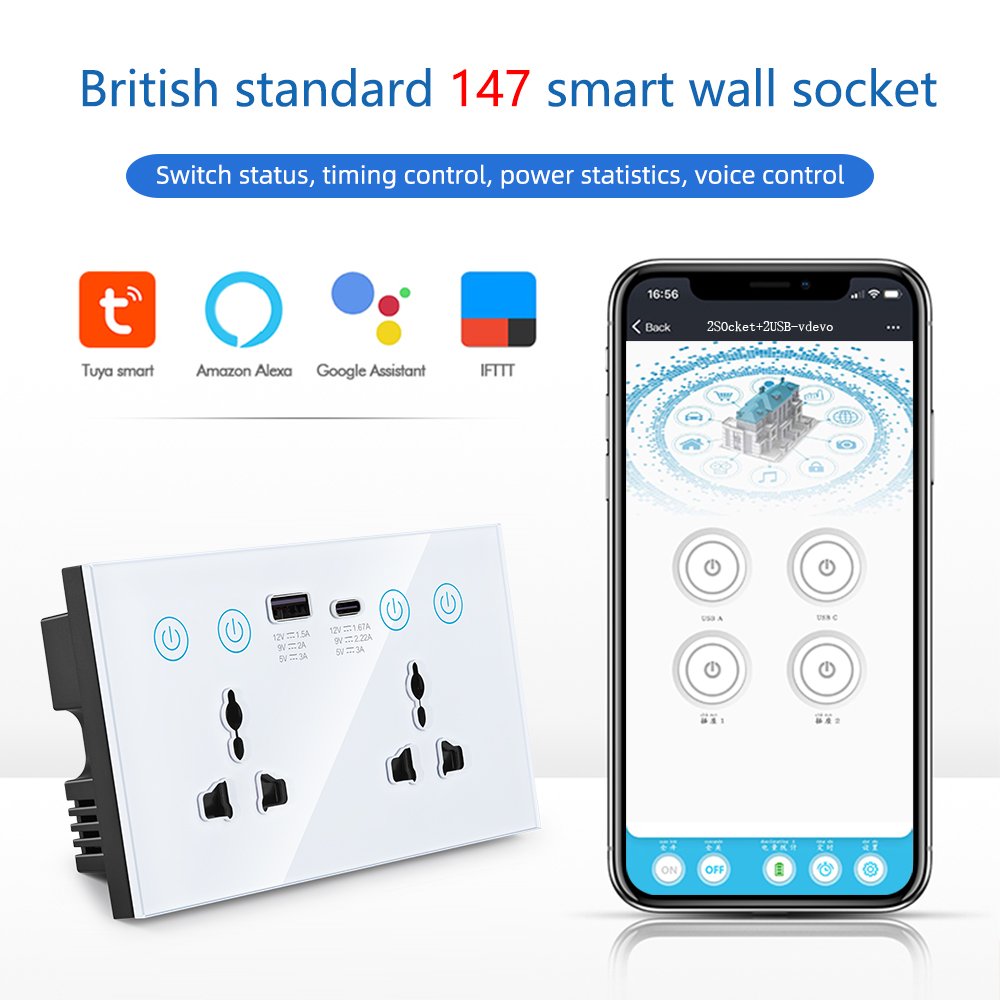 RSH Tuya WiFi Smart Plug Alexa Google Universal Wall Socket with 1 USB 1 Type C APP Remote Control Timer Function