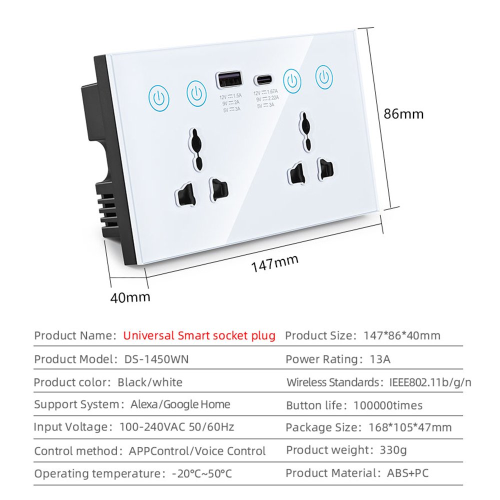 RSH Tuya WiFi Smart Plug Alexa Google Universal Wall Socket with 1 USB 1 Type C APP Remote Control Timer Function