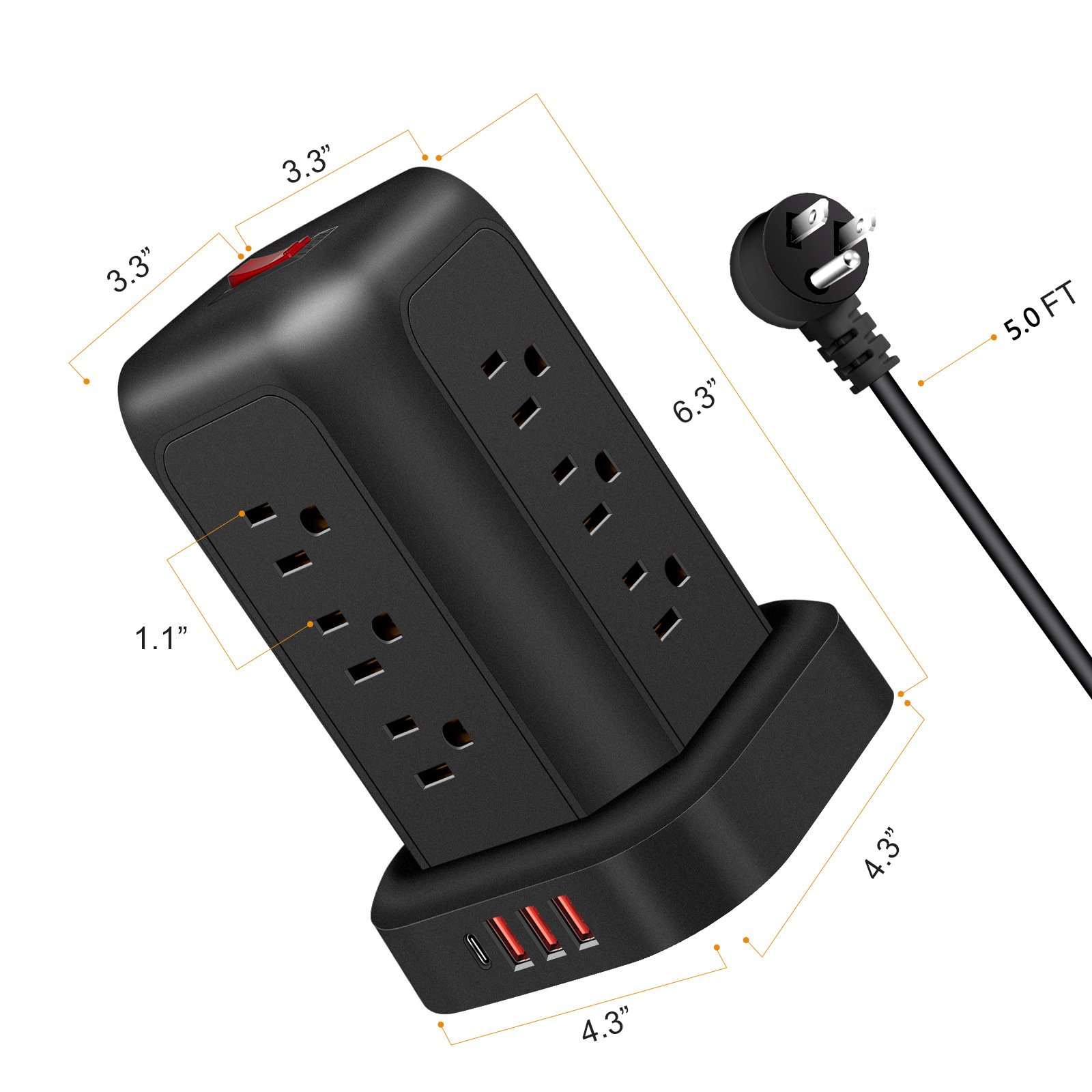 Newest Us tower plug UL Certification Vertical Cable Board Power Socket US 12 AC Outlet 3USB 1Type-C Surge Protector Power Strip