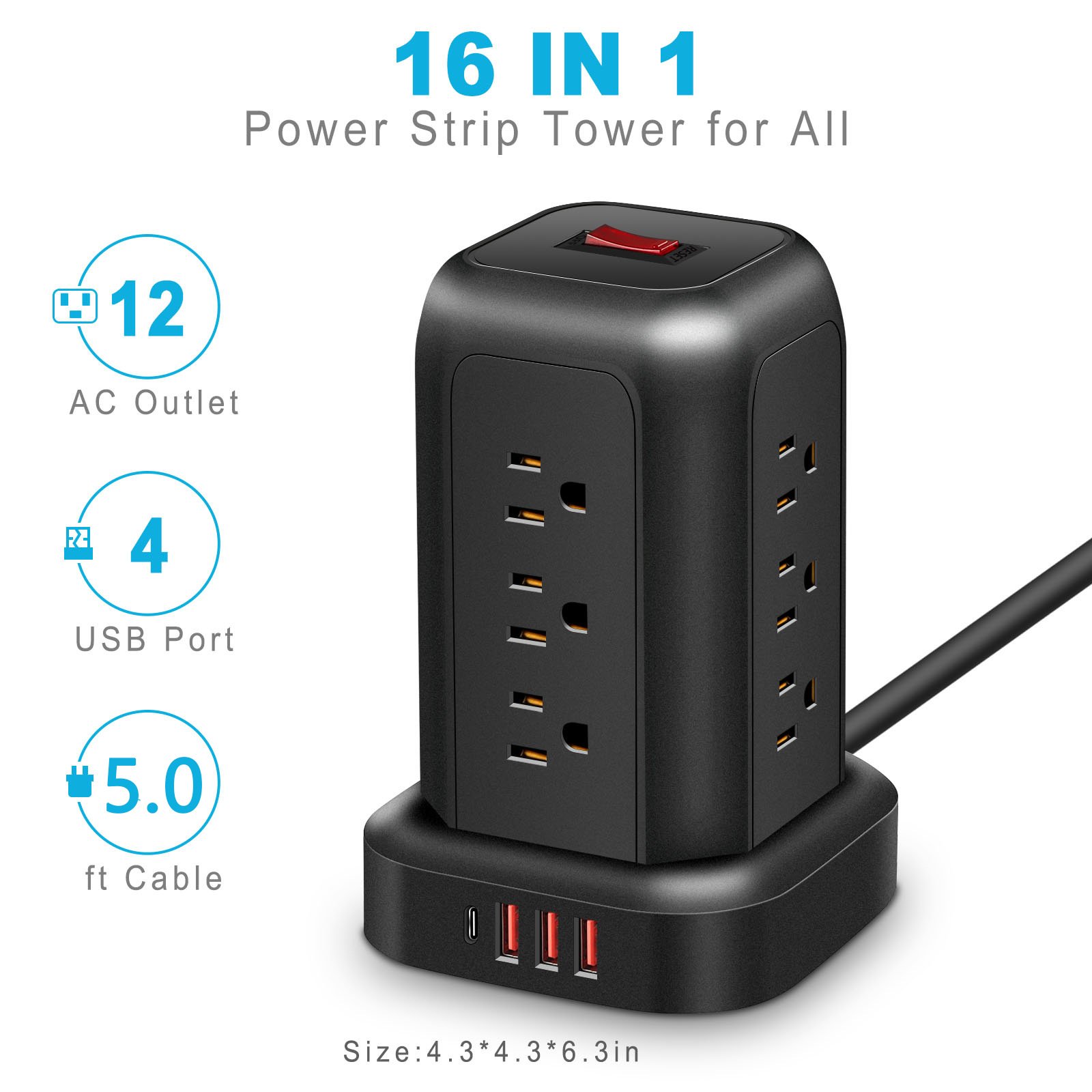 Newest Us tower plug UL Certification Vertical Cable Board Power Socket US 12 AC Outlet 3USB 1Type-C Surge Protector Power Strip
