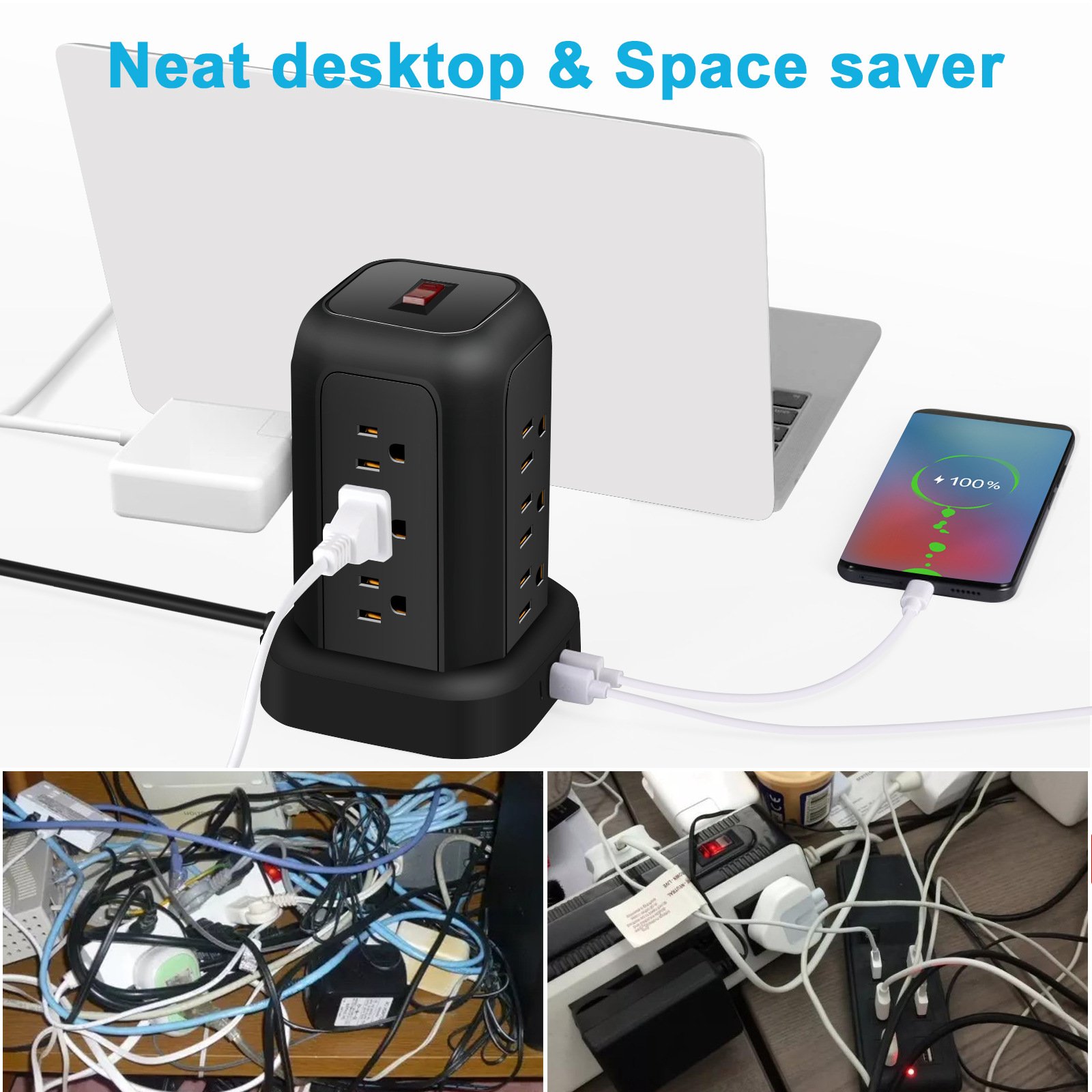 Newest Us tower plug UL Certification Vertical Cable Board Power Socket US 12 AC Outlet 3USB 1Type-C Surge Protector Power Strip