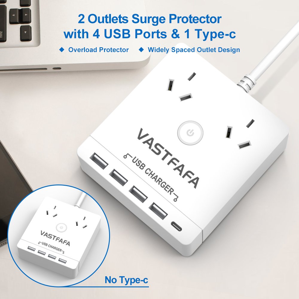 Vastfafa Customized AU Plug 4 USB-A Ports 1Type-C Surge Protector Power Strip for Household Appliances with usb port