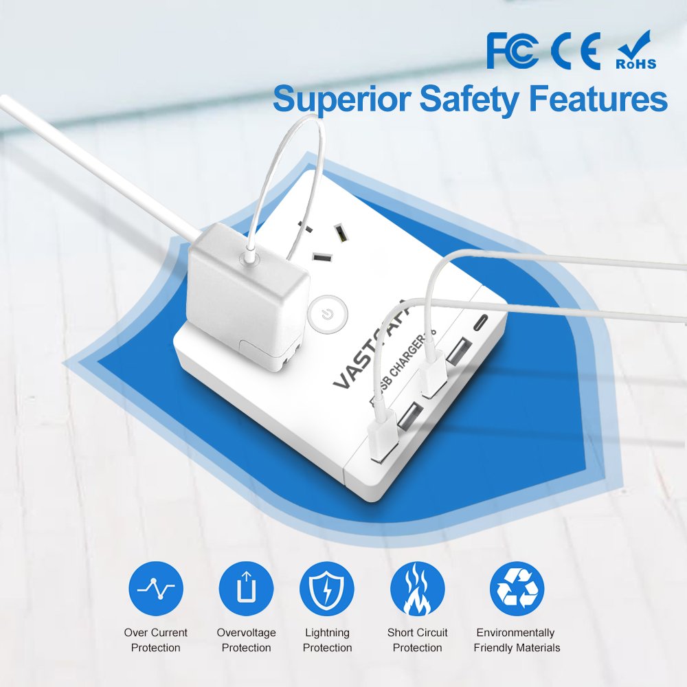Vastfafa Customized AU Plug 4 USB-A Ports 1Type-C Surge Protector Power Strip for Household Appliances with usb port