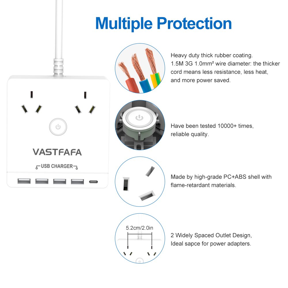 Vastfafa Customized AU Plug 4 USB-A Ports 1Type-C Surge Protector Power Strip for Household Appliances with usb port