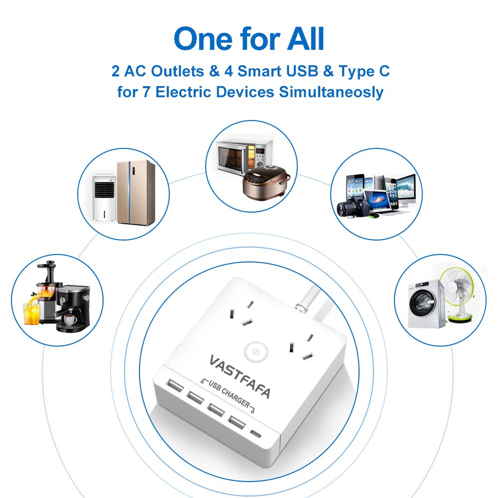 Vastfafa Customized AU Plug 4 USB-A Ports 1Type-C Surge Protector Power Strip for Household Appliances with usb port