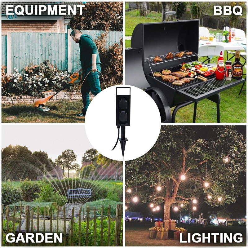 2 way Movable PC Plug Socket for Garden BBQ IP44 Waterproof with Ground Spike Multifunctional Garden Socket