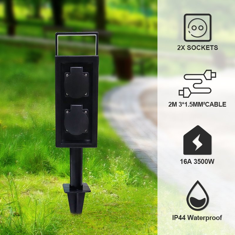 2 way Movable PC Plug Socket for Garden BBQ IP44 Waterproof with Ground Spike Multifunctional Garden Socket