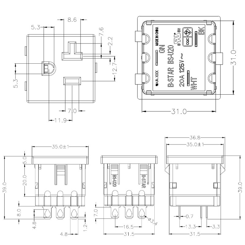 NEMA 5-20R 5-15R 20A US 3 Pins Power Socket Plug Panel Mount Type Female Connectors
