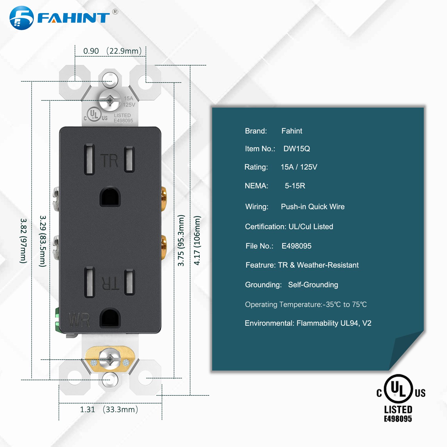 DW15Q 15amp 125v us decorator wall plug duplex electrical wall receptacle outlet socket with weather resistance