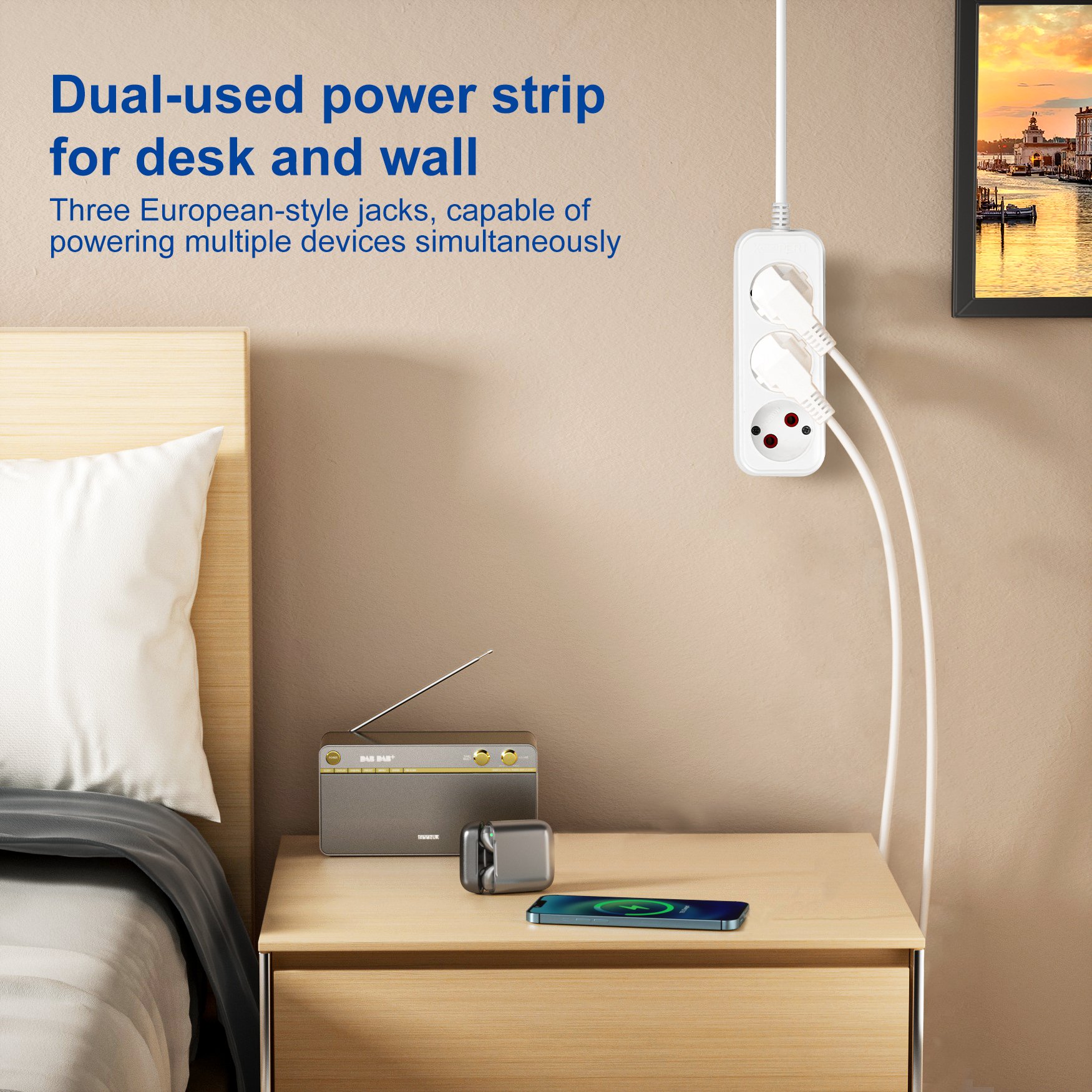EU Standard Power Strip CE Approval 3 way Outlet EU Plug 2M cable Extension socket